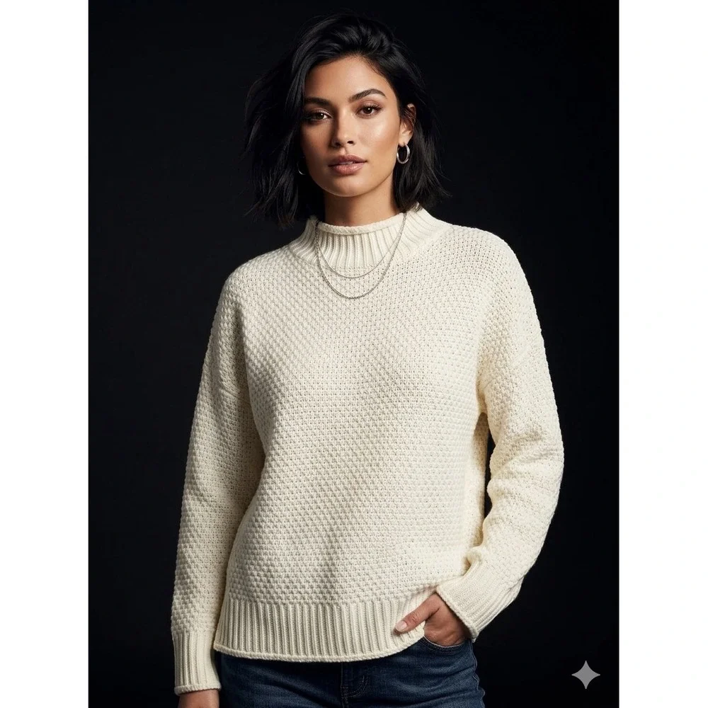 ZESICA Womens Cream Textured Chunky Knit Mock Neck Oversized Sweater Small NEW - Picture 1 of 5